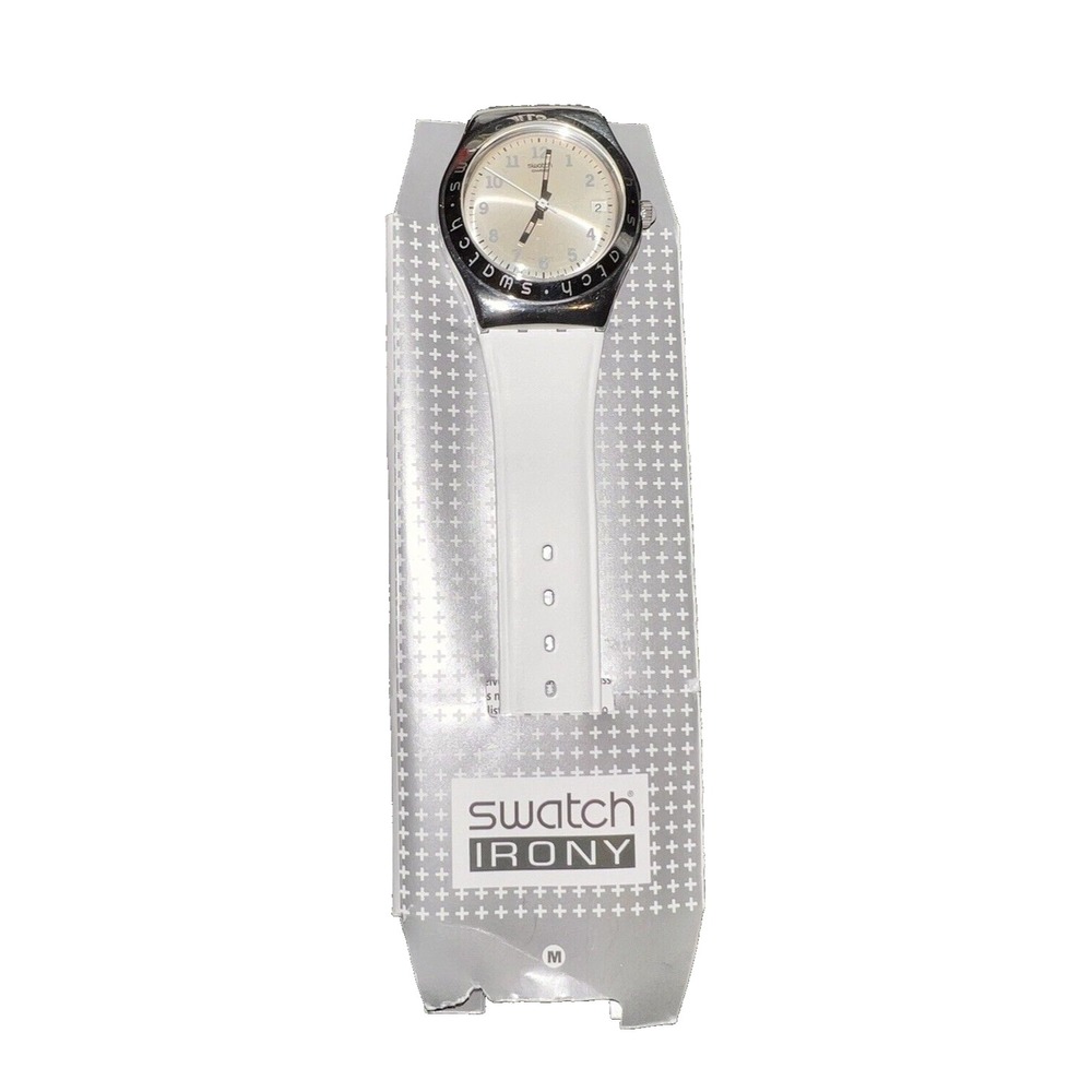 Swatch Irony Stainless Steel Watch White Leather Strap Silver Dial Swiss Made